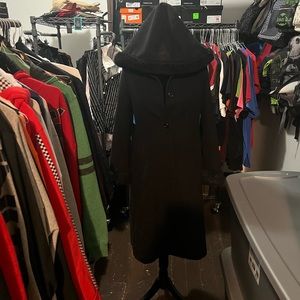 Rothschild black hooded wool blend trench coat.